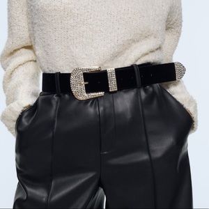 Zara Velvet Belt Rhinestone Buckle Black Silver